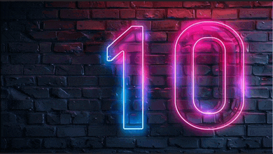 a neon sign on a brick wall shows the number 10