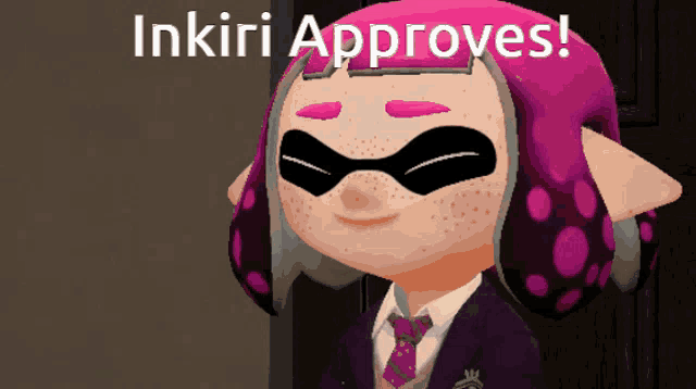 a pink squid in a suit and tie with the words inkiri approves