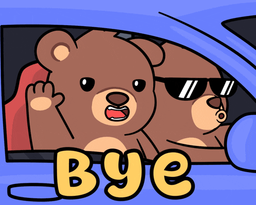 a cartoon of two teddy bears in a car with the word bye in yellow
