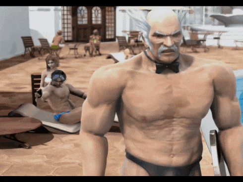 a man without a shirt is standing in front of a pool