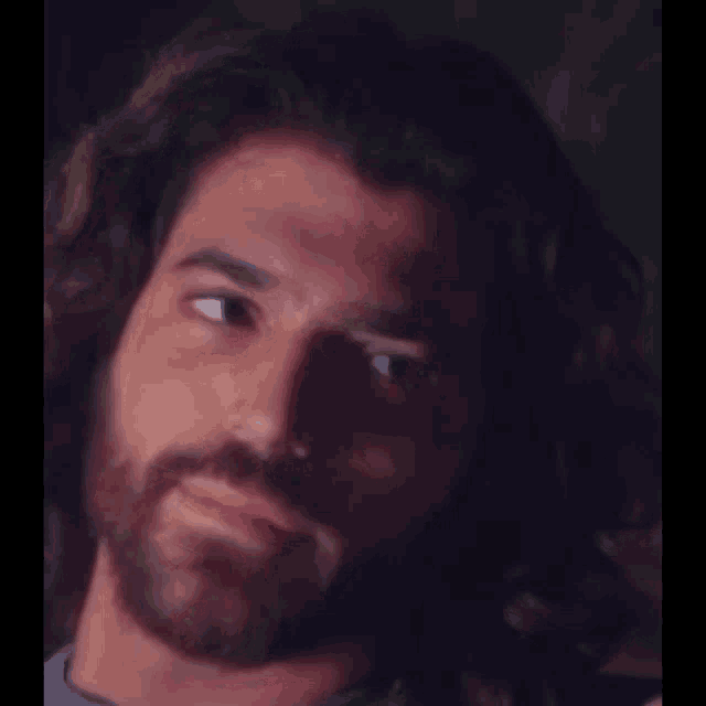 a man with long hair and a beard is looking at the camera