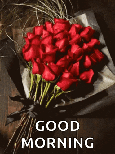 a bouquet of red roses with the words " good morning " below