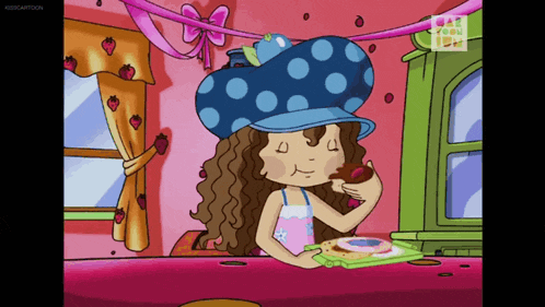 a cartoon of strawberry shortcake eating a donut from a tray