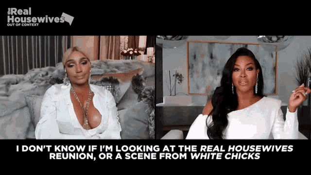 two women are sitting on a couch in front of a sign that says real housewives out of context on it