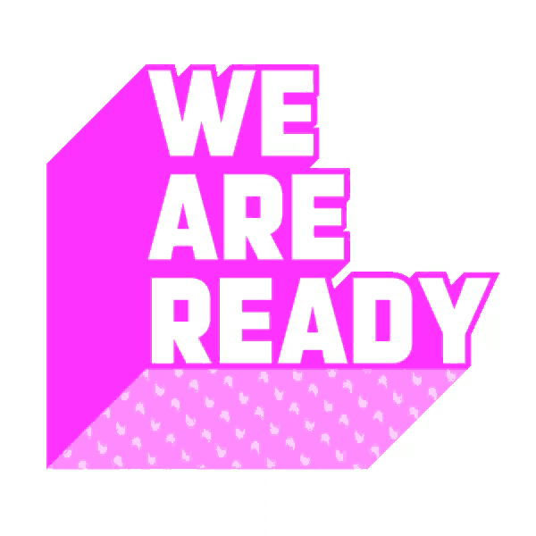 a pink and white logo that says we are ready