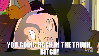 a cartoon of a man laying on the ground with the words " you going back in the trunk bitch "