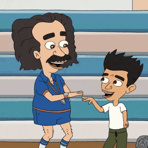 a cartoon of a man with a mustache talking to a boy