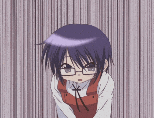 a girl with purple hair and glasses is looking down