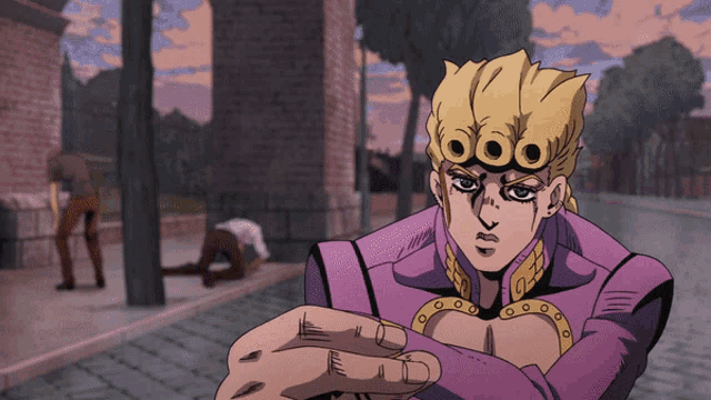 a cartoon character with a purple shirt and gold rings on his wrist