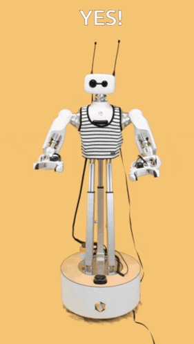 a robot with a striped shirt on is on a yellow background with the word yes above it