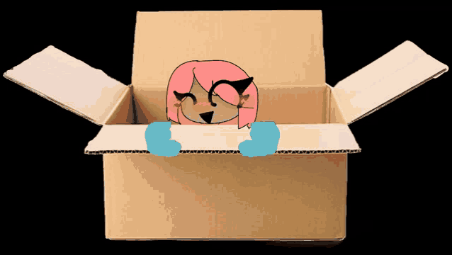 a girl with pink hair is sticking her head out of a box