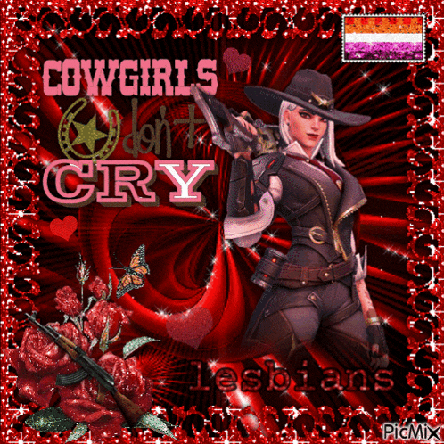 a picture of a woman holding a gun with the words cowgirls don t cry lesbians