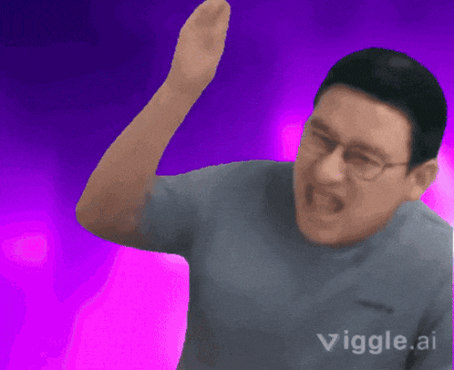 a man with glasses is making a funny face in front of a purple background that says viggli ai
