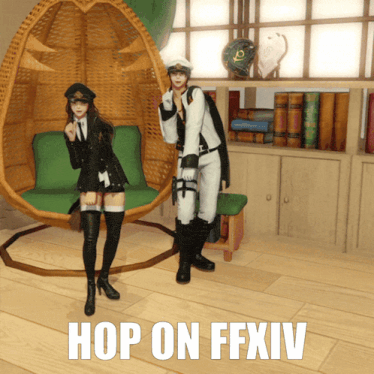 a couple of people standing next to each other with the words hop on ffxiv on the floor
