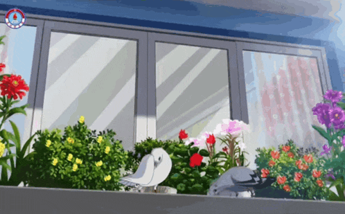 a drawing of a window with flowers and a sign that says ' a '
