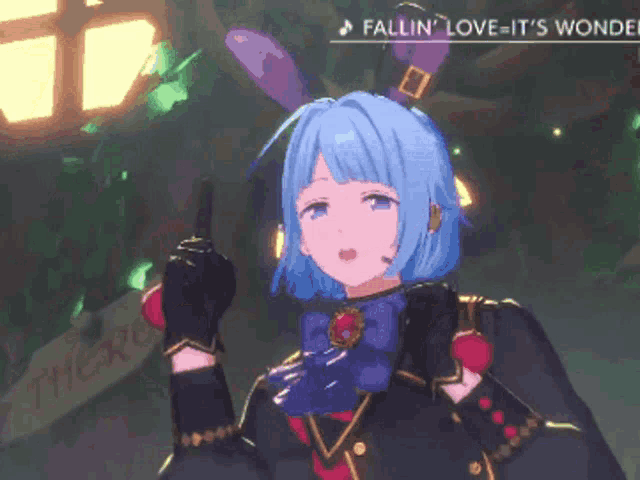 a girl with blue hair and purple eyes is wearing a hat and gloves