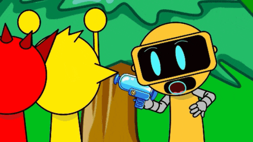 a cartoon of a robot holding a blue toy gun