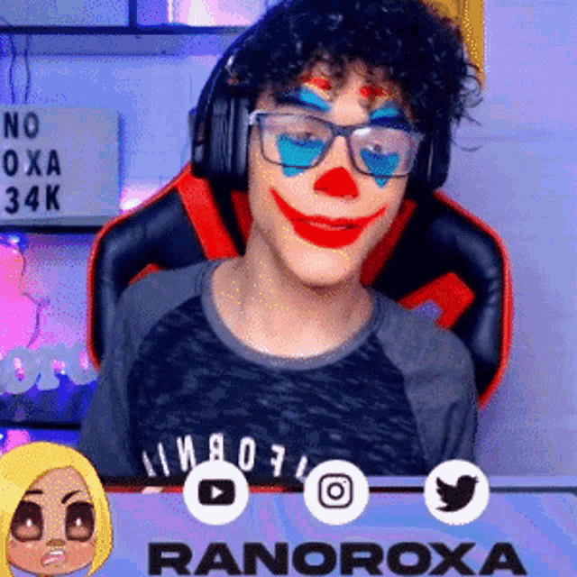 a man with a clown face painted on his face is wearing headphones and a shirt that says ranoroxa