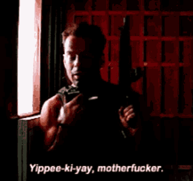 a man is holding a gun and saying " yippee-ki- yay motherfucker " .