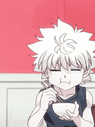 a cartoon character with white hair is eating a bowl of food with chopsticks