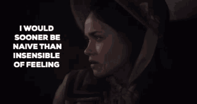 a woman wearing a hat and scarf with the words i would sooner be naive than insensible of feeling