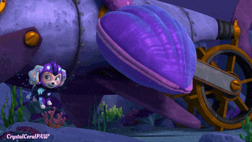 a cartoon of a dog standing next to a purple object with crystalcoralpaw written on it