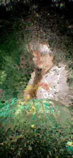 a painting of a person 's face in a forest