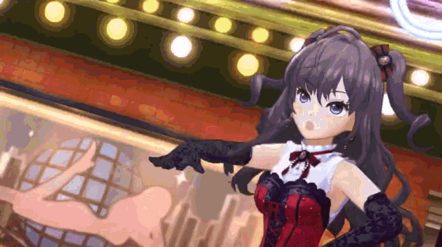 a girl in a red corset and black gloves is dancing
