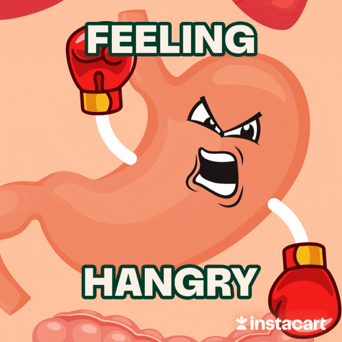 a cartoon of a stomach with boxing gloves and the words feeling hangry below it