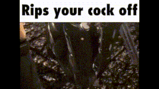 a close up of a person 's face with the words `` rips your cock off '' written above it .