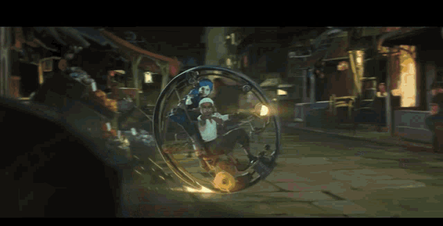 a cartoon character is riding a wheel on a street at night