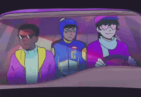 three cartoon characters are sitting in a car and one of them has the letter g on his jacket