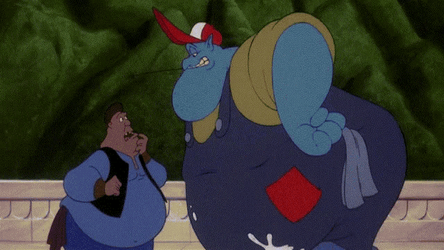 a blue cartoon character with a red diamond on his pants
