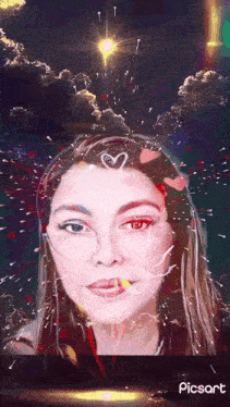 a painting of a woman with a heart on her forehead is displayed on picsart