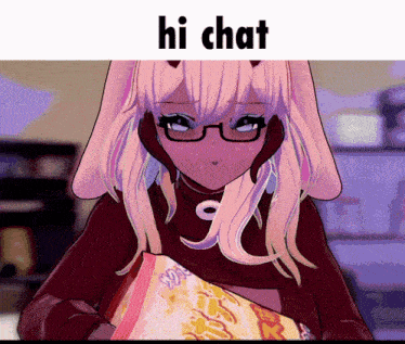 a girl with horns is holding a bag of popcorn and says hi chat on the bottom