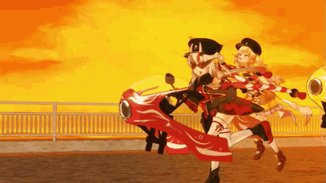 two anime girls are riding a red motorcycle with flames on it