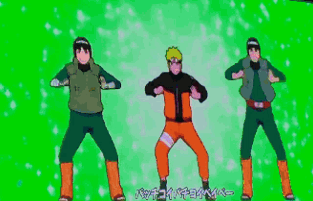 a group of anime characters are dancing in front of a green background