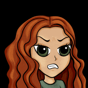 a cartoon drawing of a girl with red hair and green eyes making an angry face