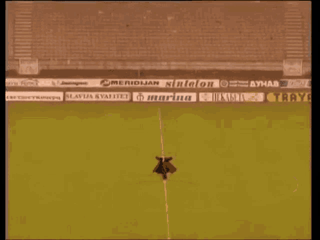a man is standing on a soccer field in front of an empty stadium with advertisements on the sidelines .