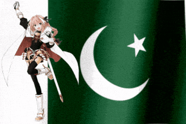 a girl with a sword is standing next to a flag