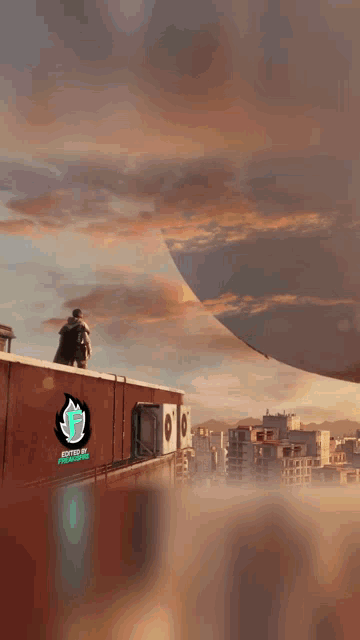 a man stands on the roof of a building with a sticker that says ' eastern ' on it