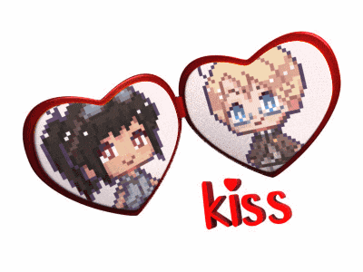 two pixel art hearts with the word kiss underneath