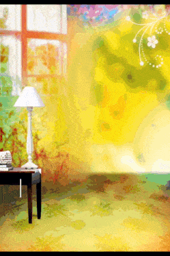a painting of a room with a table and lamp