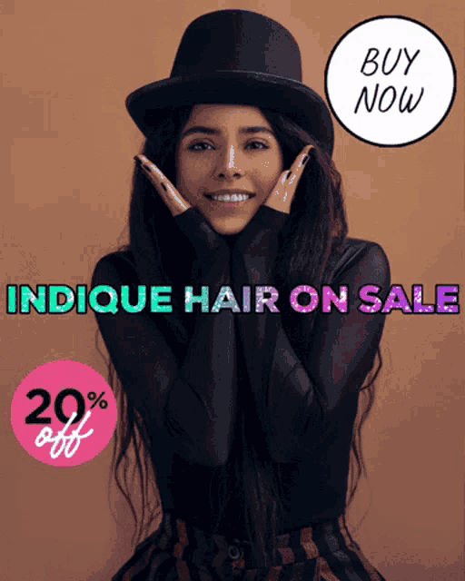 a woman wearing a top hat is smiling in front of a sign that says buy now