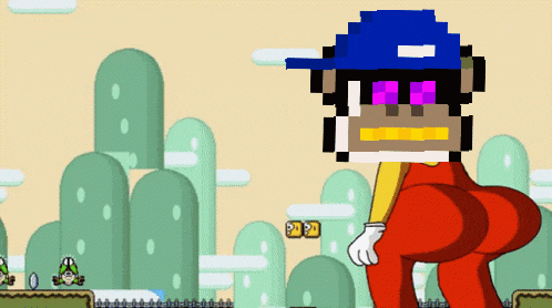 a pixel art of a monkey wearing a blue hat and purple sunglasses