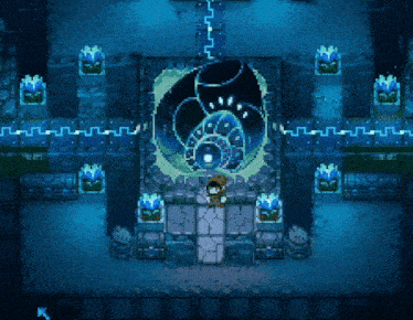a pixel art drawing of a person standing in front of a blue sphere