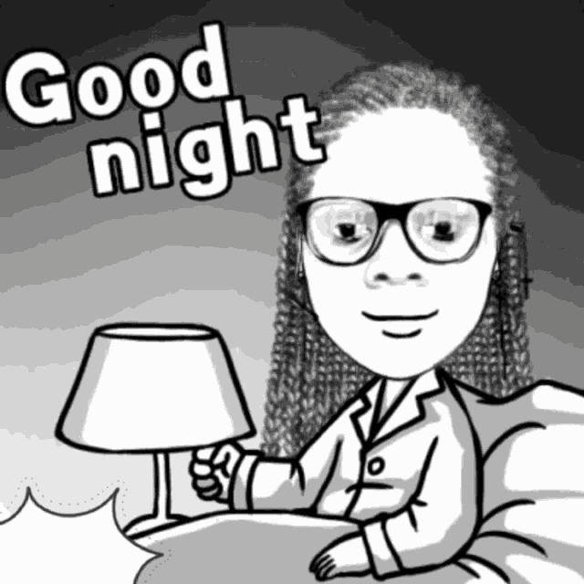 a black and white cartoon of a woman holding a lamp with the words good night above her