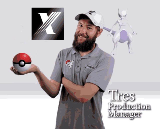 a man with a beard is holding a pokeball and a pokemon and the name tres production manager is on the bottom