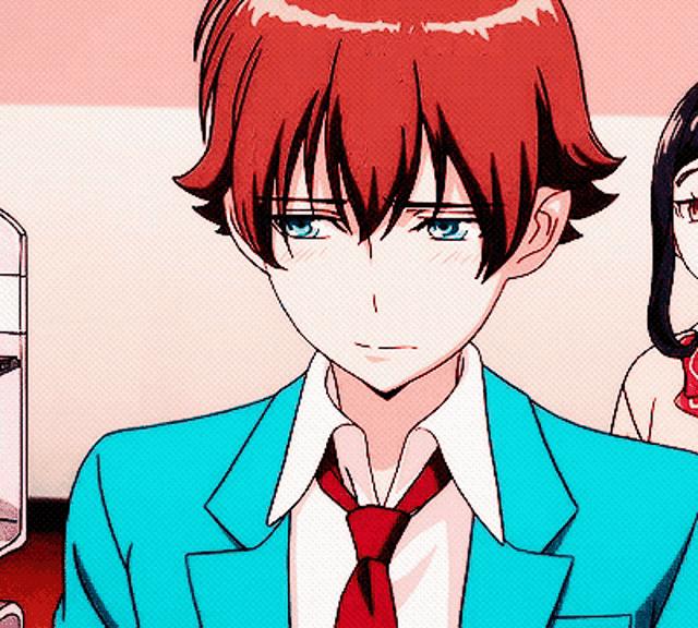 a boy with red hair is wearing a blue jacket and tie