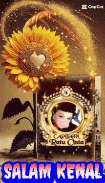 a picture of a sunflower with a heart in the center and the words salam kenal at the bottom